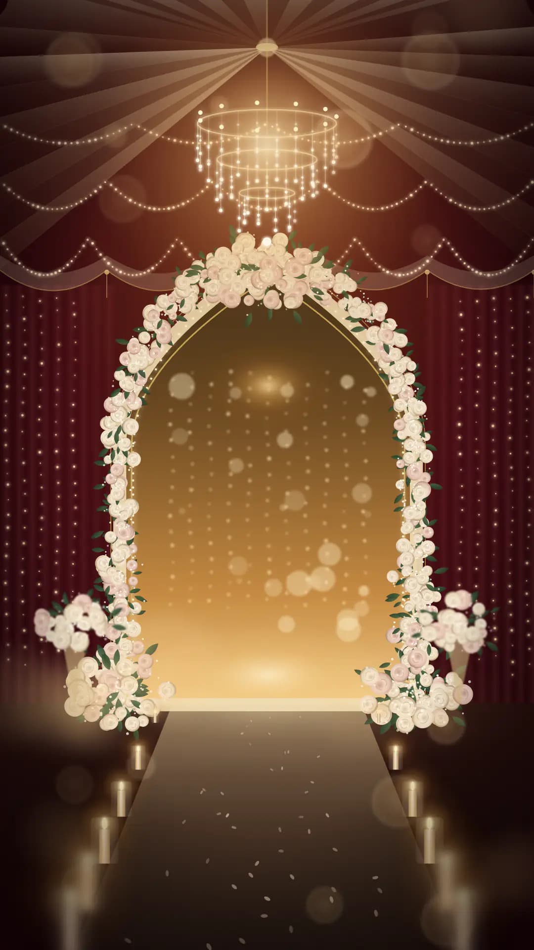 Illuminated night marquee entrance for the Barat: crystal chandeliers, fairy lights and an ivory floral arch